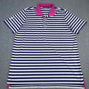 Ralph Lauren RLX‎ Mens XL Navy White Sleeve Spell Out Striped Performance Polo